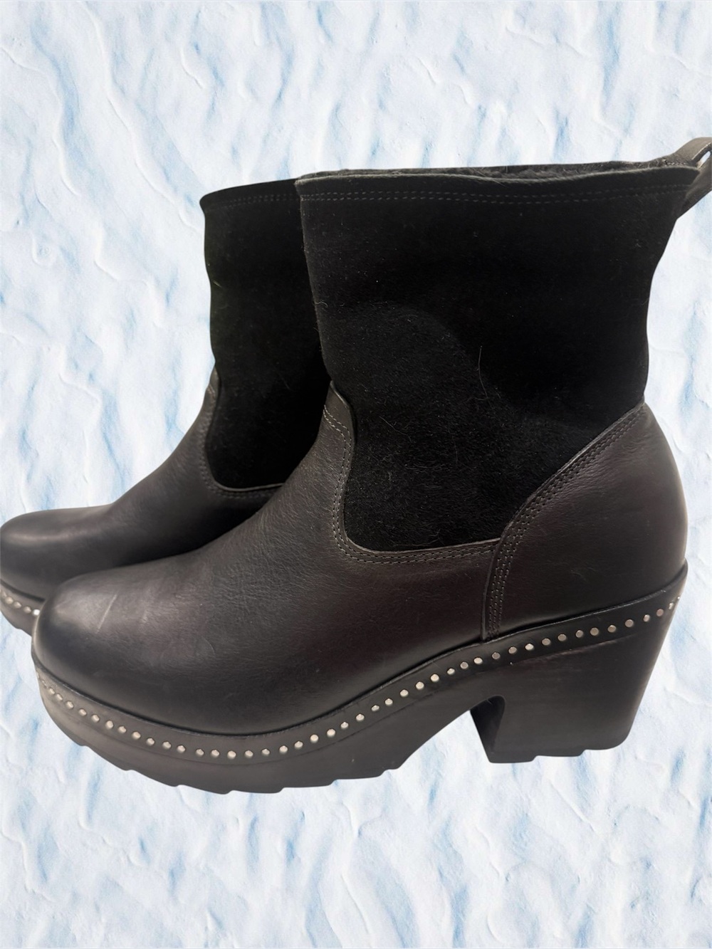 RAG & BONE Black Leather/Shearling 3" Heel Silver Stud Platform Boots Sz 40 US10